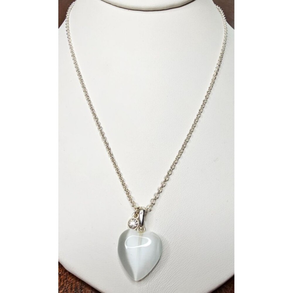 Silver Tone Chain with Frosted White Glass Heart Pendant 17.5"L